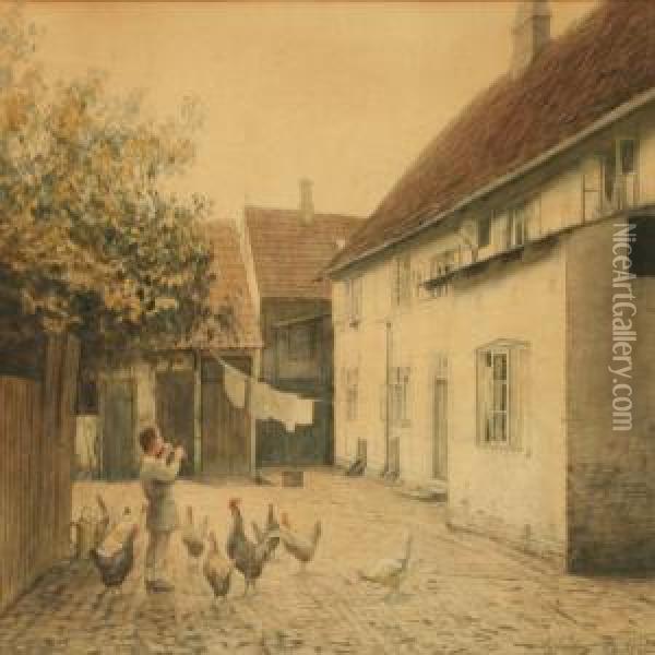 Boy Playing The Fluteamong The Chickens In The Backyard Oil Painting - Hans Ole Brasen