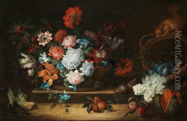 Ein Blumenstillleben Mit Obst, Papagei Und Eichhornchen Oil Painting - Antoine Monnoyer