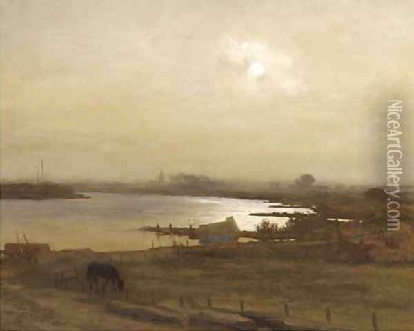 A moonlit bend in the river IJssel near Kampen Oil Painting - Willem Bastiaan Tholen
