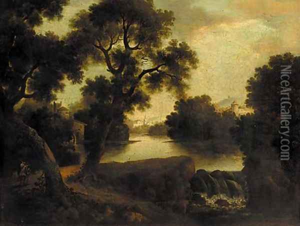 A figure on a riverside path in a classical landscape Oil Painting - John Rathbone