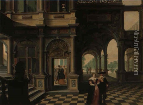 The Courtyard And Gardens Of A Palace With Figures Promenading... Oil Painting - Dirck Van Delen