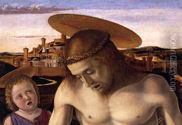 Dead Christ Supported by Two Angels (detail) Oil Painting - Giovanni Bellini