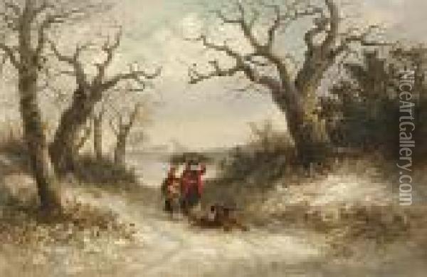 A Family Gathering Faggots And Holly In A Snow Covered Landscape Oil Painting - Thomas Smythe