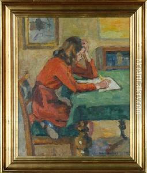 Girl Reading A Book Oil Painting - Axel Bredsdorff