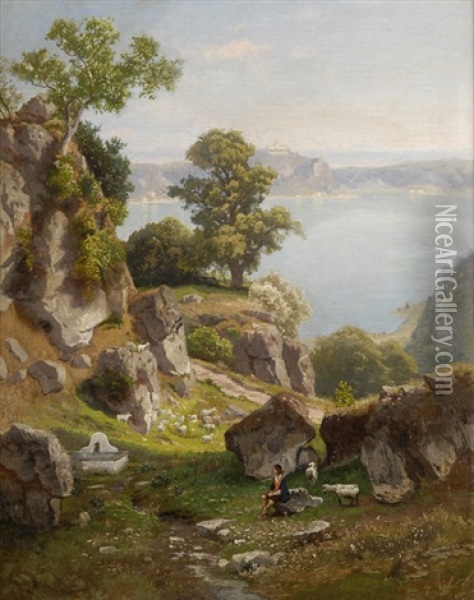 Italienische Seenlandschaft Mit Blick Auf Ein Kastell Oil Painting - Carl Gustav Rodde