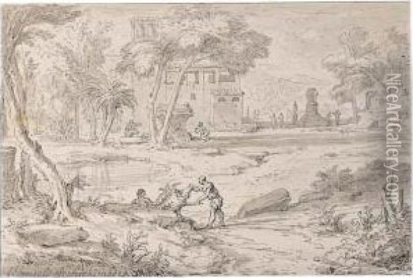 Classical Landscape With Figures Among Buildings By A Lake Oil Painting - Abraham Genoels