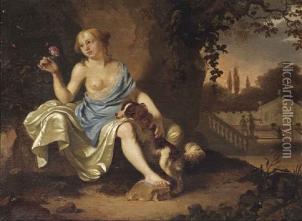 A Classical Park Landscape With A Seated Lady Dressed As A Nymph And Her Dog Oil Painting - Ary de Vois