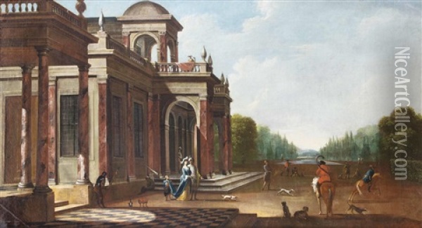 Palast Mit Schlossgarten, Vornehmem Paar Und Jagdgesellschaft Oil Painting - Jacob Ferdinand Saeys