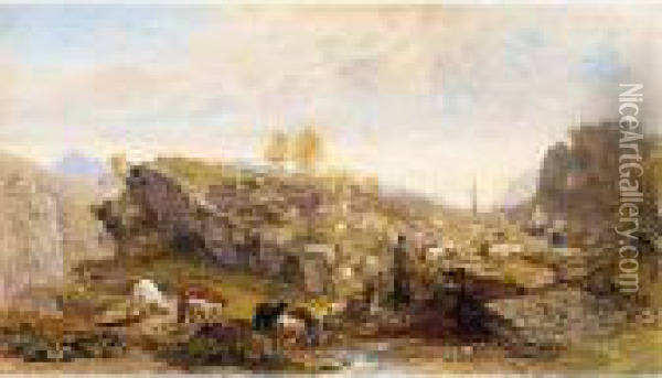 Rustics With Sheep And Goats In A Rocky Landscape Oil Painting - Samuel Palmer