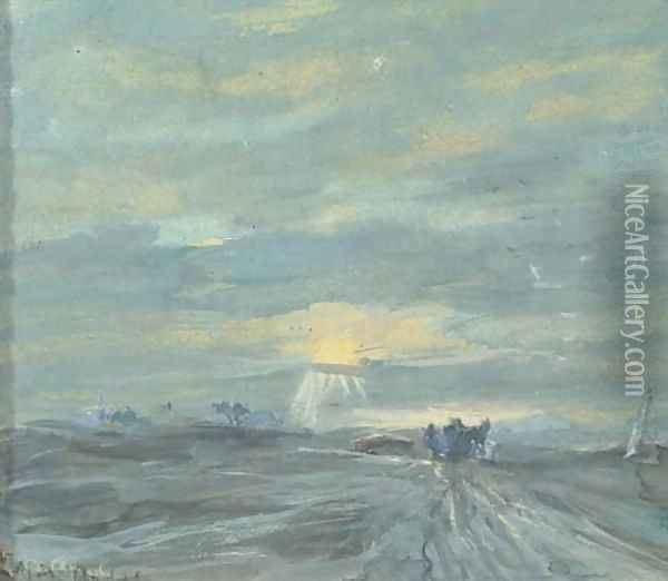 Zonsondergang bij Delden a countryroad at sunset Oil Painting - Louis Apol