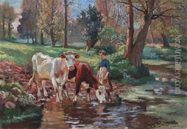A Milkmaid And Two Cows At A Watering Hole Oil Painting - Raymond (Louis) le Court