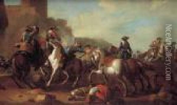 Charge De Cavalerie Devant Une Citadelle Oil Painting - Francesco de Mura