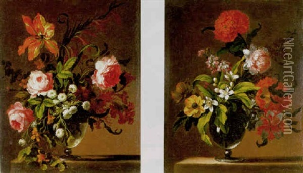 A Still Life Of Roses, A Tulip, Nasturciums And Other Flowers In A Glass Vase On A Stone Ledge Oil Painting - Jean-Baptiste Belin de Fontenay the Elder