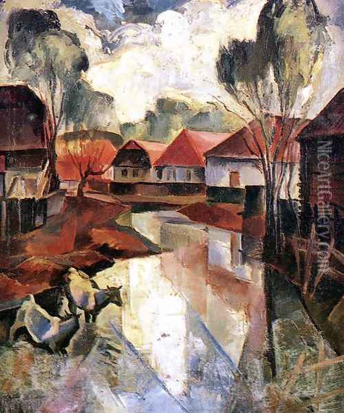 Village in Hungary c. 1925 Oil Painting - Karoly Patko