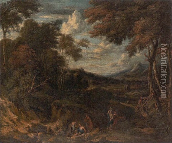 A Wooded Landscape With Classical Figures On A Path And By A Stream, A Villa Beyond Oil Painting - Jan Baptiste Huysmans