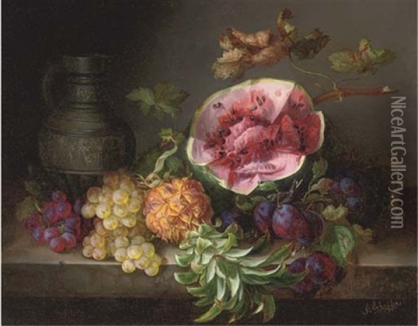 A Watermelon And Other Fruit By An Ornamental Ewer Oil Painting - Adalbert Schaeffer