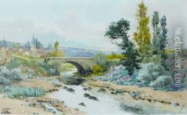 Paysage Au Pont Avec Un Clocher D'eglise Oil Painting - Hippolyte Jean Adam Gide