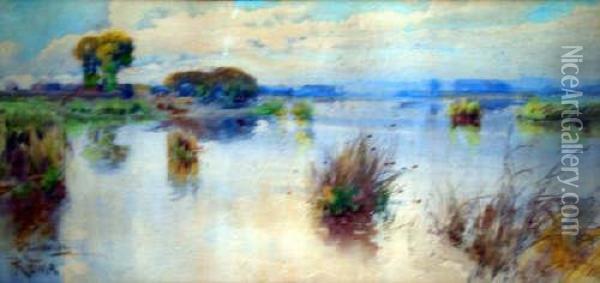 Italian Watercolour Marshes Near Rome Signed 12 X 25.5in Oil Painting - Onorato Carlandi