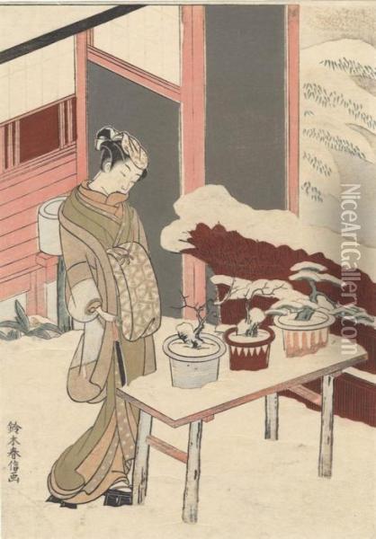 A Courtesan About To Trim Some Snow-covered Bonsai Trees Oil Painting - Suzuki Harunobu