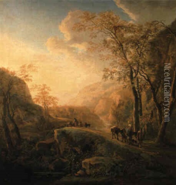 An Italianate Landscape With Muleteers On A Path By A Waterfall Oil Painting - Jan Dirksz. Both