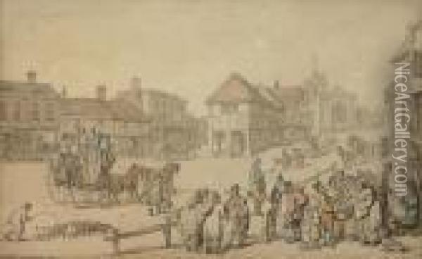 A Busy Day On The High Street, Barnet, Middlesex Oil Painting - Thomas Rowlandson