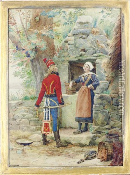 An Officer Courting A Maiden Oil Painting - Gustave Bourgain