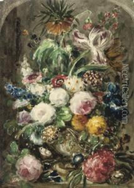 Still Life Of Mixed Flowers In An Urn Oil Painting - George James Rowe
