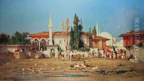 Arabs marching out of town Oil Painting - Charles de Tournemine