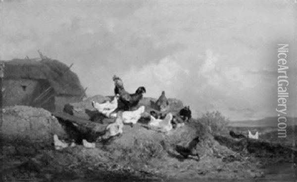 Huhnervolk Vor Stallungen Auf Dem Mist Oil Painting - Theophile Victor Emile Lemmens