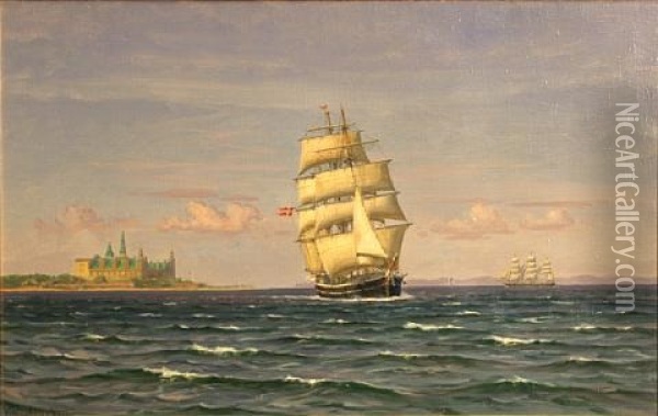 Ships Sailing Past Kronborg Castle, Denmark Oil Painting - Vilhelm Karl Ferdinand Arnesen