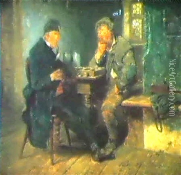 Damespieler.an Einem Tisch Sitzen Zwei Herren Grubelnd      Uber Dem Spiel Oil Painting - Hugo Wilhelm Kauffmann