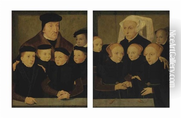 Father And Sons; Mother And Daughters (pair) Oil Painting - Bartholomaeus (Barthel) Bruyn the Younger