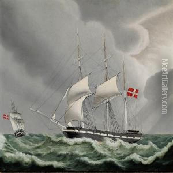 A Danish Bark In Rough Sea Oil Painting - Jacob Petersen