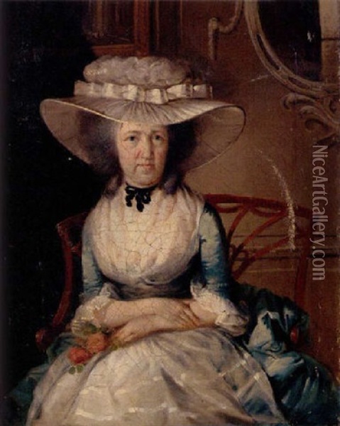 Portrait Of Miss Henrietta Nelson In A Blue And White Gown And White Hat, Holding A Rose, In A Rococo Interior Oil Painting - William Johnson