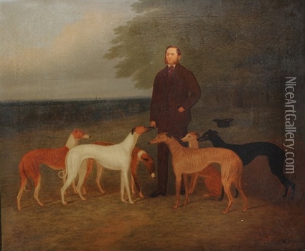 Portrait Of George Darlinson And Five Of His Greyhounds In A Rural Landscape Oil Painting - George Morley