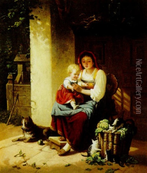 Exterior Med Moder Og Barn, Der Betragter Legende Killinger Oil Painting - Platt Powell Ryder
