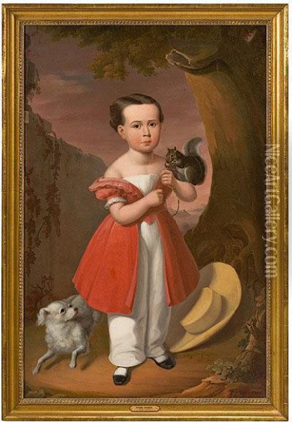 Young Child With Pet Squirrel And Small Dog Oil Painting - Louis Joseph Bahin