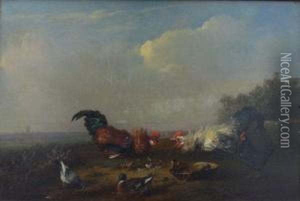Two Cocks Fighting By A Feed Bowl, A Hen Looking On, Amallard Drake And Wood Pigeon In Foreground Oil Painting - Francois Vandeverdonck