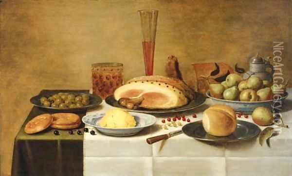Mulberries, a ham and a bun on pewter plates, butter and pears on porcelain dishes with a beerglass, a flute and a knife on a draped table Oil Painting - Floris Gerritsz. van Schooten