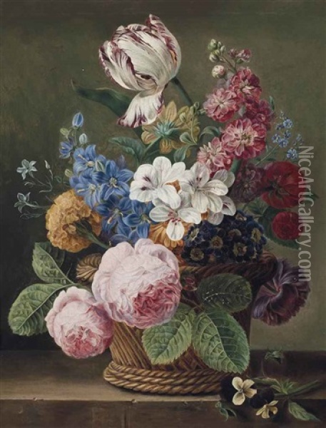 A Parrot Tulip, Roses, Morning Glory And Other Flowers In A Wicker Basket On A Ledge Oil Painting - Jan Frans Van Dael