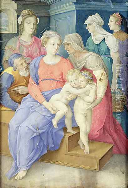 The Holy Family with St. Elizabeth, St. John the Baptist and Three Noblewomen, c.1557 Oil Painting - Giorgio-Giulio Clovio