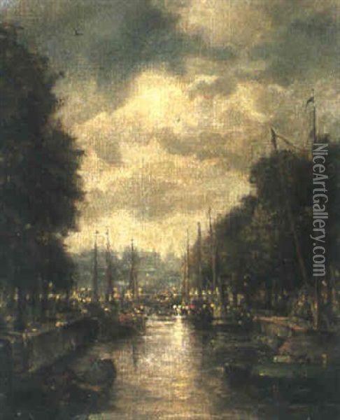 Gracht Am Abend Oil Painting - Johan Hendrik van Mastenbroek