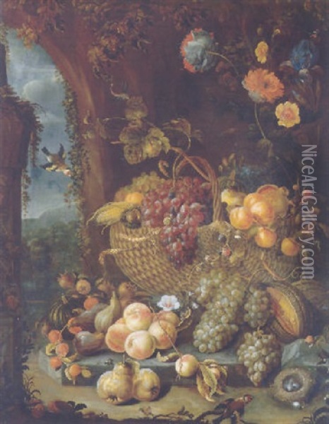 A Basket Of Grapes And Other Fruit On A Stone Ledge With Peaches, Grapes, Pears And Other Fruit And Flowers By A Wall Oil Painting - Hendrik Schoock