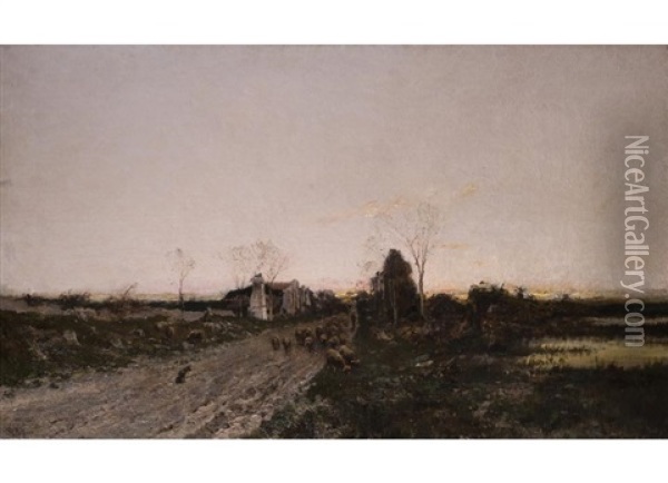 Abendliche Moorlandschaft Mit Schafherde Oil Painting - Karl Heffner
