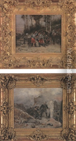 Scenes De Batailles - 1870 (pair) Oil Painting - Wilfrid Constant Beauquesne