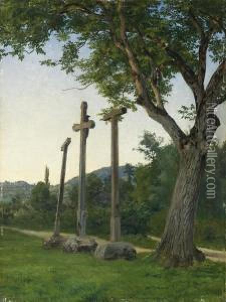 Three Crosses Along A Country Lane Oil Painting - Robert Zund