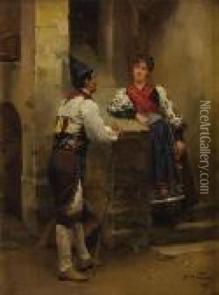 Conversation In A Courtyard Oil Painting - Mariano Jose Maria Bernardo Fortuny y Carbo