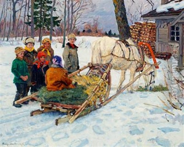 Winter View With Children By A Sledge Oil Painting - Nikolai Petrovich Bogdanov-Bel'sky