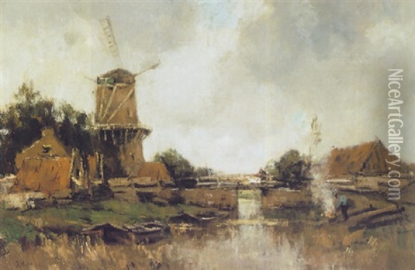 Windmill Near A Canal Oil Painting - Jacob Henricus Maris