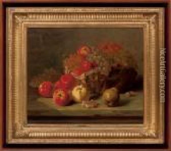 Apples And Grapes In A Basket Oil Painting - Alphonse de Neuville